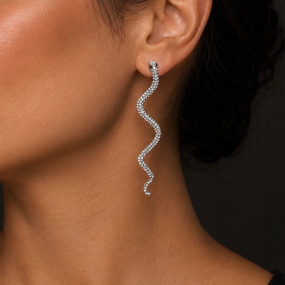 Silver Tone Rhinestone Snake Drop Earrings‎ Wavy Serpent Statement Dangle Womens